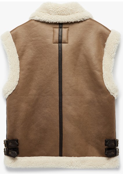 Peluş Şerpalı Yaka Süet Görünümlü Kolsuz Cepli Fermuarlı Oversize Yelek indirimleri