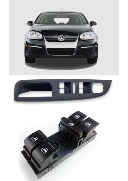 Volkswagen Vw Jetta 2006-2010 Uyumlu Sol Ön Dörtlü Cam Açma Düğmesi ve Çerçevesi Siyah