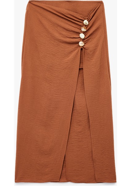 Aerobin Kumaş Drape Detaylı Taşlı Yırtmaçlı Midi Etek