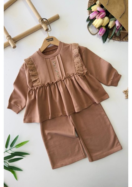 Çiçek Işleme Detaylı Fistolu Kız Çocuk pamuk takım - Kahve