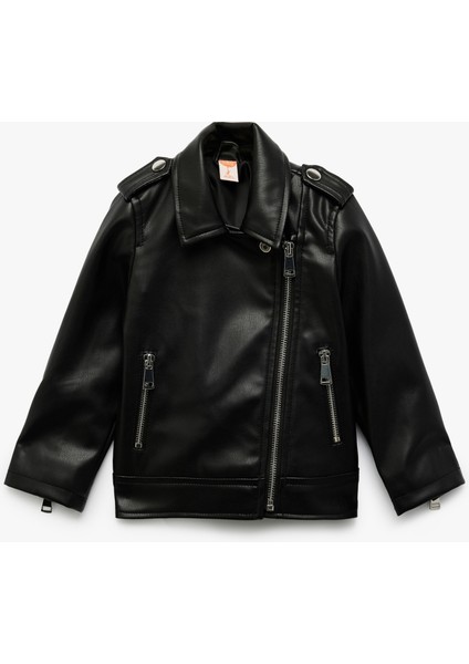 Fermuarlı Suni Deri Cep Detaylı Biker Ceket
