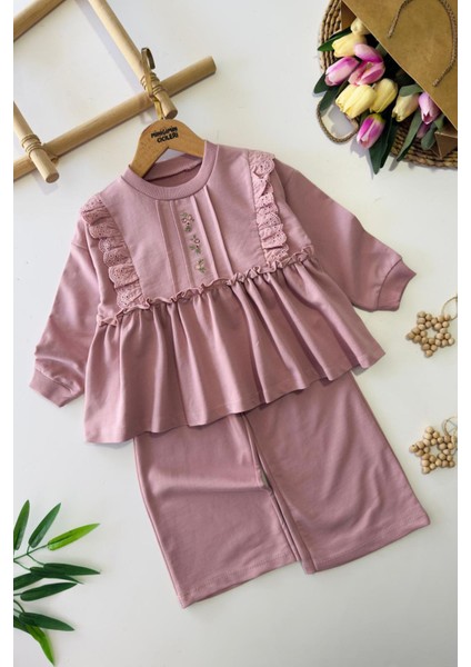 Çiçek Işleme Detaylı Fistolu Kız Çocuk pamuk takım - Gül Kurusu