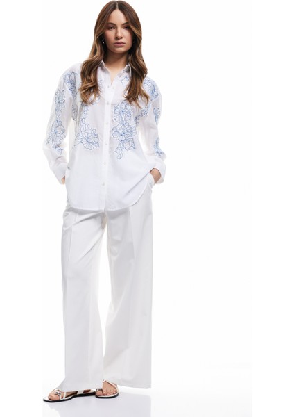 Pamuklu Uzun Kollu Gömlek Yaka Işlemeli Çiçekli Tunik