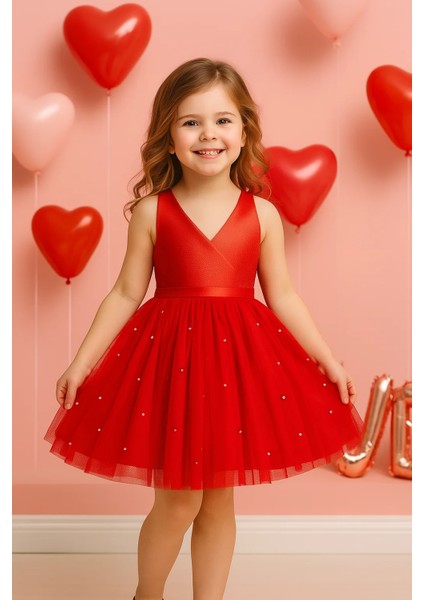 Kız Çocuk Kırmızı Anvelop Yaka Eteği Incili Kırmızı Mezuniyet Doğum Günü Elbise