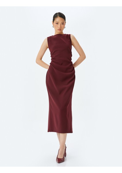 Krep Kumaş Drape Detaylı Slim Fit Yuvarlak Yaka Kolsuz Uzun Kalem Elbise modelleri