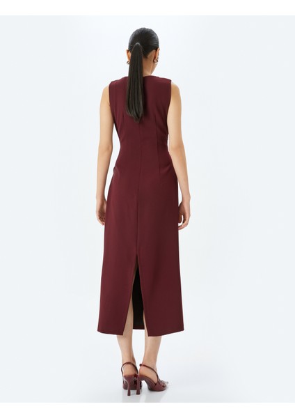 Krep Kumaş Drape Detaylı Slim Fit Yuvarlak Yaka Kolsuz Uzun Kalem Elbise fırsatları