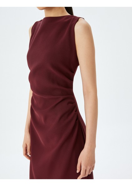 Krep Kumaş Drape Detaylı Slim Fit Yuvarlak Yaka Kolsuz Uzun Kalem Elbise indirimleri