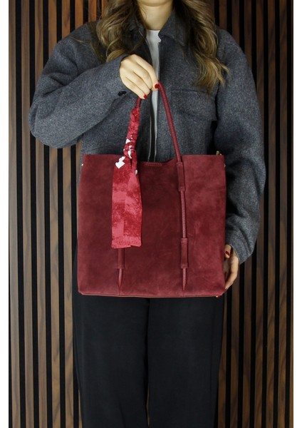 Bordo Hakiki Dana Süet Manyetik Kapaklı Fermuarlı Iç Cepli Askılı Büyük Boy Günlük Omuz Çantası