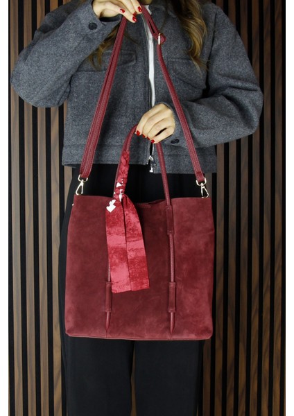 Bordo Hakiki Dana Süet Manyetik Kapaklı Fermuarlı Iç Cepli Askılı Büyük Boy Günlük Omuz Çantası fırsatları