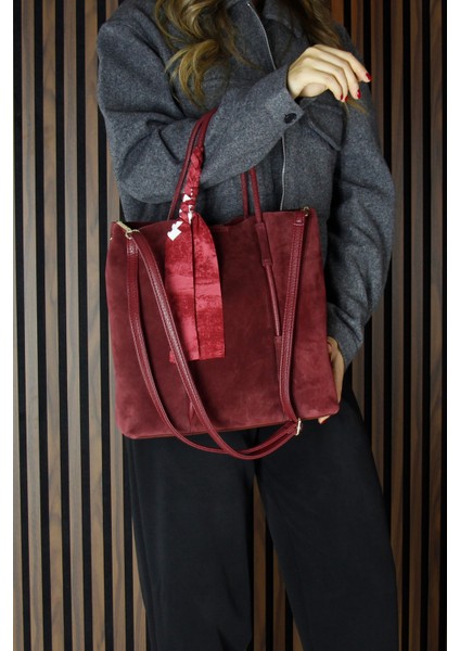 Bordo Hakiki Dana Süet Manyetik Kapaklı Fermuarlı Iç Cepli Askılı Büyük Boy Günlük Omuz Çantası