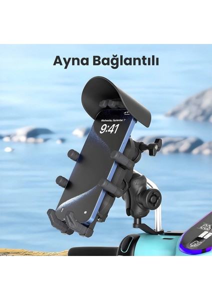 Ayna Bağlantılı Güneş ve Yağmur Korumalı 360° Derece Ayarlanabilir Motosiklet Telefon Tutucu