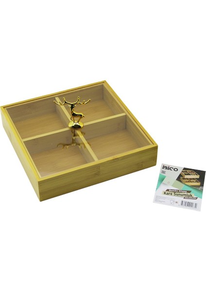 Kare 4 Bölmeli=2ın1=bölmesiz Çok Amaçlı Kutu Ahşap Bambu Servis Sunum Tepsi - Tahtası 22X22X5CM (5224)
