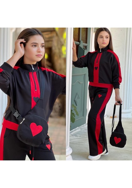 Kız Çocuk Kalplı Nakışlı 3lü Çantalı Takım 4-16 Yaş 12116