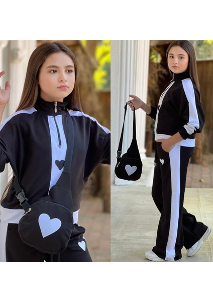 Kız Çocuk Kalplı Nakışlı 3lü Çantalı Takım 4-16 Yaş 12122