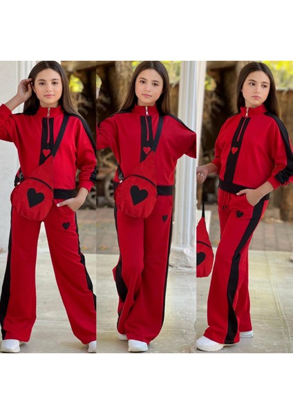 Kız Çocuk Kalplı Nakışlı 3lü Çantalı Takım 4-16 Yaş 12117