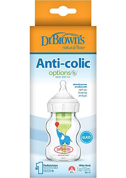 Db 51621 Geniş Ağız Anti-Kolik Options+ Desenli Cam Biberon 150 ml , Fil, Tekli Paket 1 Adet