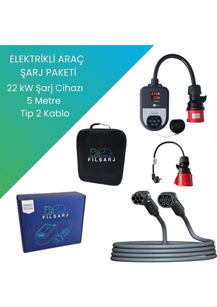 Elektrikli Araç Şarj Paketi (22KW Şarj Cihazı +5 Metre tip-2 Şarj Kablosu )