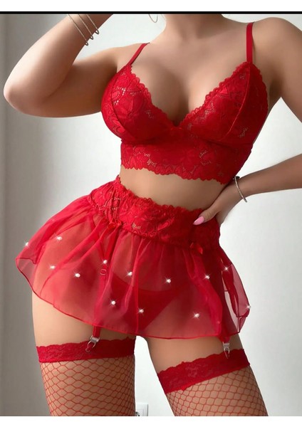 Kadın Kırmızı Özel Inci Işlemeli Seksi Gecelik 7 Parça File Çorap Dantel Tül Mini Etek Fantezi Jartiyer Takımı Bacak Bantları Fantazi Iç Giyim Seksi Iç Çamaşırı Takımı fiyatları