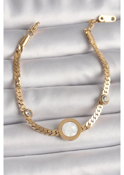 Bfs 316L Çelik Gold Renk Yassı Zincir Model Zirkon Taş Detaylı Beyaz Mineli Madalyon Model Kadın Bileklik
