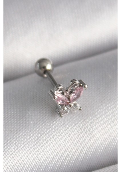 Bfs 316L Çelik Gümüş Renk Pembe Zirkon Taşlı Kelebek Tragus Piercing