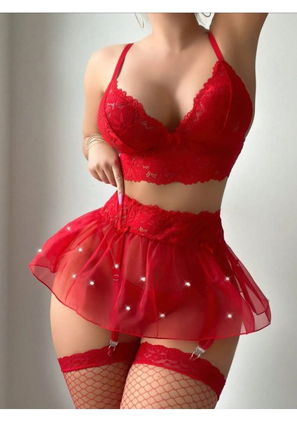Kadın Kırmızı Özel Inci Işlemeli Seksi Gecelik 7 Parça File Çorap Dantel Tül Mini Etek Fantezi Jartiyer Takımı Bacak Bantları Fantazi Iç Giyim Seksi Iç Çamaşırı Takımı