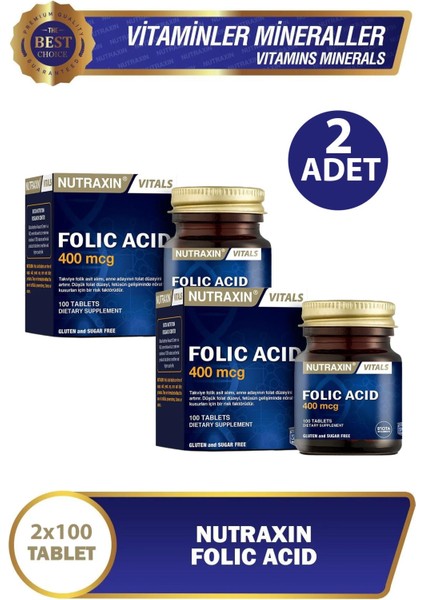 Asfstore Nutraxin Folic Acid 400 Mcg 100 Tablet 2 Adet