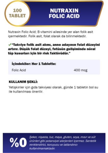 Asfstore Nutraxin Folic Acid 400 Mcg 100 Tablet fiyatları
