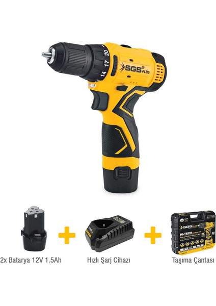 Plus 12V Li-Ion Şarjlı Vidalama Seti 30NM Güç LED Işıklı Darbeli Matkap SGS-5131