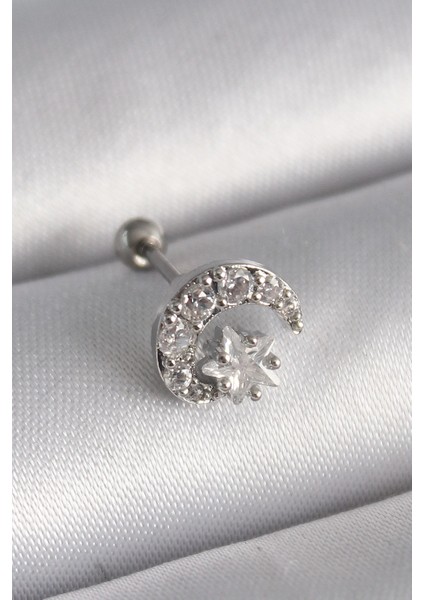 Bfs 316L Çelik Gümüş Renk Zirkon Taşlı Ay Yıldız Tragus Piercing