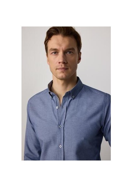 Slim Fit Mavi Ekose Desenli Uzun Kol Gömlek Erkekler İçin Klasik Model