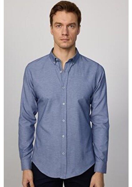 Slim Fit Mavi Ekose Desenli Uzun Kol Gömlek Erkekler İçin Klasik Model
