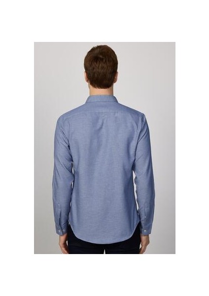 Slim Fit Mavi Ekose Desenli Uzun Kol Gömlek Erkekler İçin Klasik Model