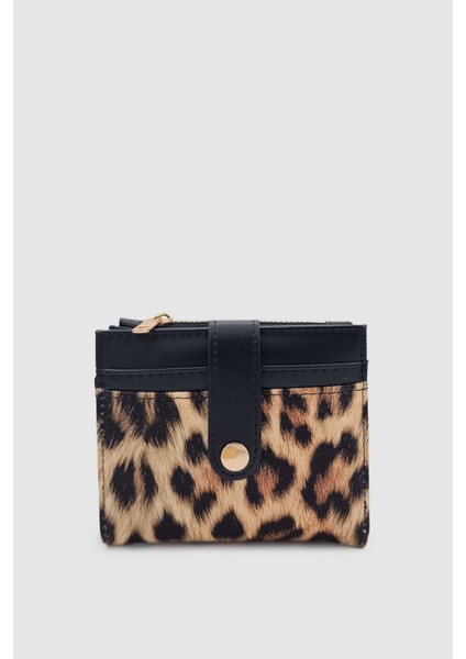 Ivina Kapitone Detaylı Kartlıklı Çıtçıt ve Fermuarlı Kadın Cüzdan Leopar