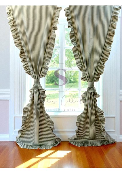 Yeşil Çizgili Cift Taraflı Fırfırlı Vintage Pamuk Keten Perde (En x Boy) - Tek Kanat - Pilesiz