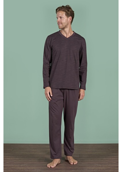 Erkek Kahve V Yaka Uzun Kollu Pijama Takımı C2T3N91
