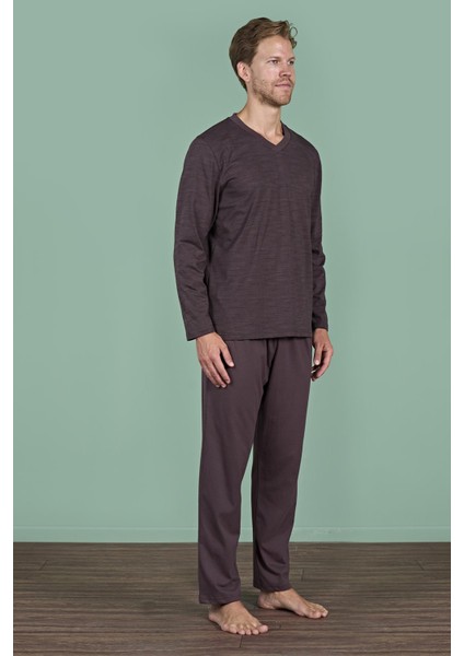 Erkek Kahve V Yaka Uzun Kollu Pijama Takımı C2T3N91 modelleri