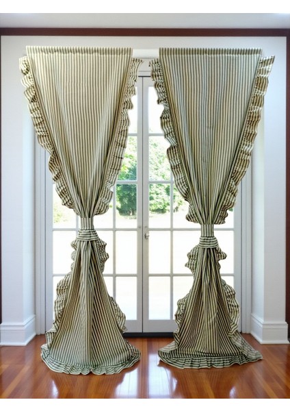 Yeşil Çizgili Cift Taraflı Fırfırlı Vintage Pamuk Keten Perde (En x Boy) - Tek Kanat - Pilesiz fırsatları