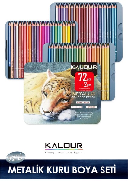 Metalik Kuru Boya Kalem Seti 72 Renk, Metal Kutulu (Defter+Blender Kalem Hediyeli)