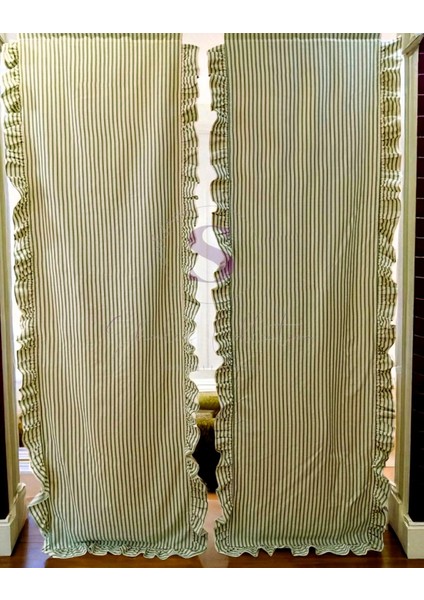 Yeşil Çizgili Cift Taraflı Fırfırlı Vintage Pamuk Keten Perde (En x Boy) - Tek Kanat - Pilesiz fiyatları