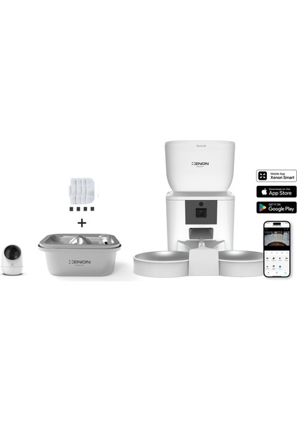 Akıllı Çift Hazneli Beyaz Mama Kabı, Ultra Sessiz Su Şelalesi, Yedek Su Filtresi ve İç Mekan Kamera 4'lü Pet Seti