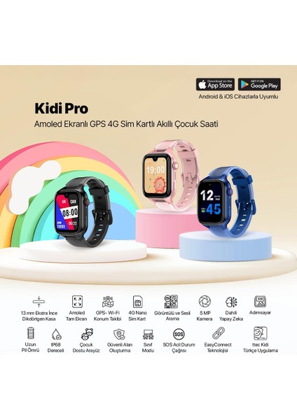 Kidi Pro AMOLED Ekranlı GPS 4G Sim Kartlı Akıllı Çocuk Saati Lacivert 2KSW03 fiyatları