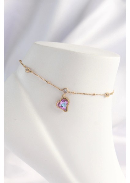 Bfs 316L Çelik Gold Renk Renkli Zirkon Taşlı Kalp Halhal