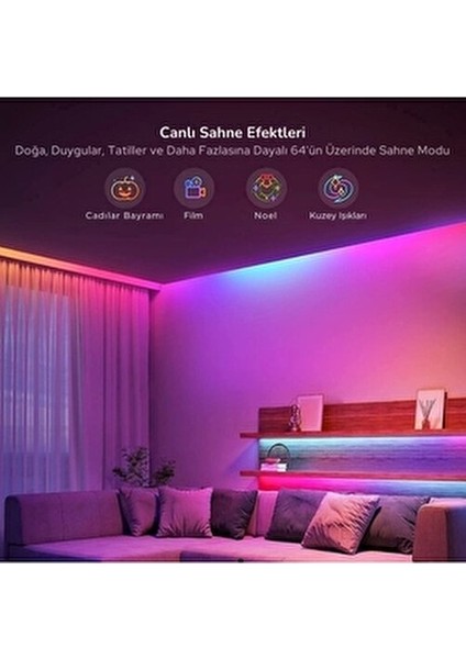 5m LED Şerit Işık RGB Renk Seçenekleri Akıllı Wi-Fi Kontrolü Enerji Tasarruflu