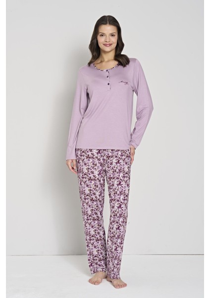 Kadın Büyük Beden Lila Çiçek Desenli Düğmeli Yaka Uzun Kollu Pijama Takımı C0T1N91