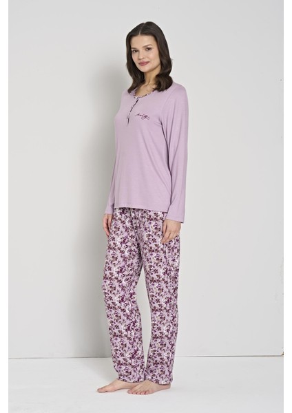 Kadın Büyük Beden Lila Çiçek Desenli Düğmeli Yaka Uzun Kollu Pijama Takımı C0T1N91 fiyatları