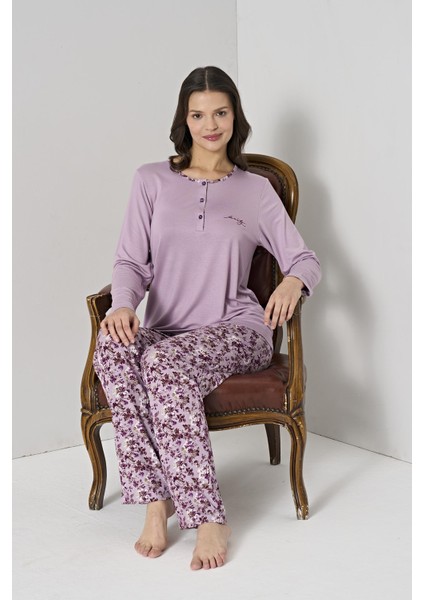 Kadın Büyük Beden Lila Çiçek Desenli Düğmeli Yaka Uzun Kollu Pijama Takımı C0T1N91 fırsatları