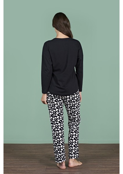 Kadın Siyah Kedi Baskılı Uzun Kollu Yuvarlak Yaka Pijama Takımı C7T2N91 indirimleri