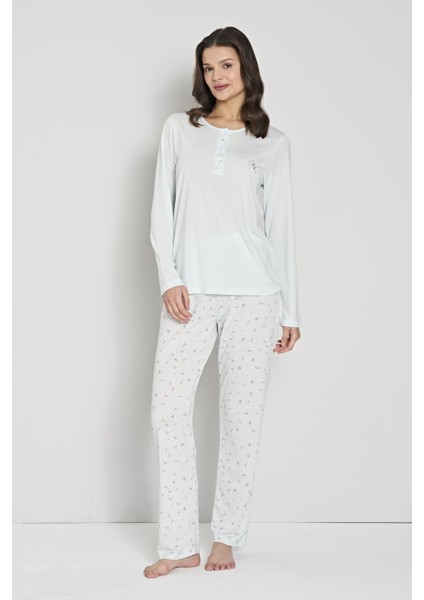 Kadın Mint Renk Pamuk Desenli Düğmeli Pijama Takımı C6T1N91