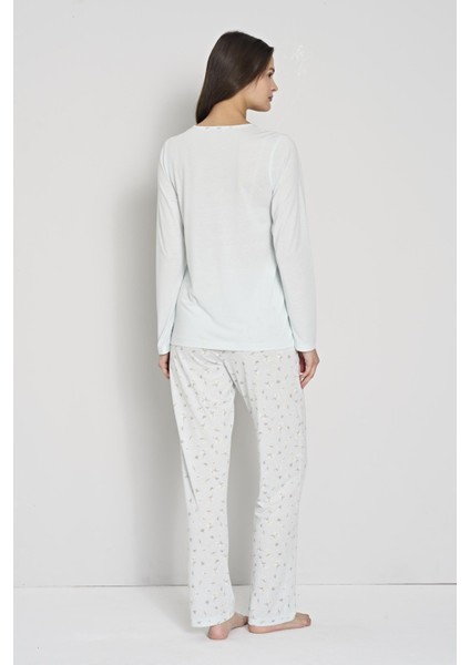 Kadın Mint Renk Pamuk Desenli Düğmeli Pijama Takımı C6T1N91 modelleri