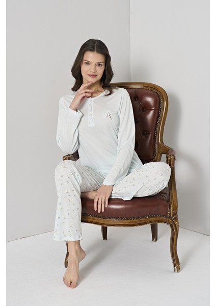 Kadın Mint Renk Pamuk Desenli Düğmeli Pijama Takımı C6T1N91 fırsatları